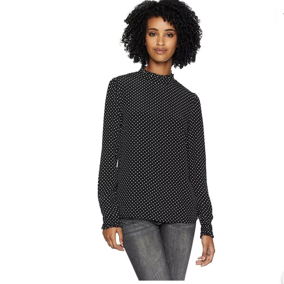 Three Dots Dot Printed Crepe Ruffle Mock Neck